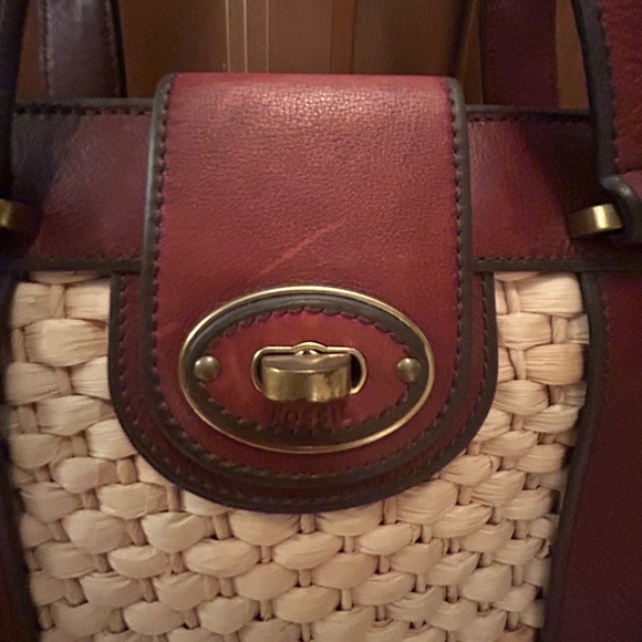 Fossil Natural Straw Brown Leather Trim Satchel Purse - Picture 10 of 15